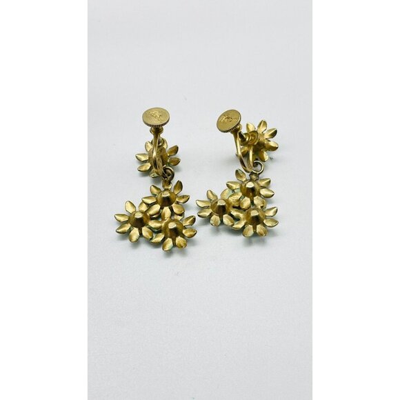 CHARM Floral Dangle Earrings Screw Back Gold Tone Rhinestones Simulated Pearl - Picture 2 of 11